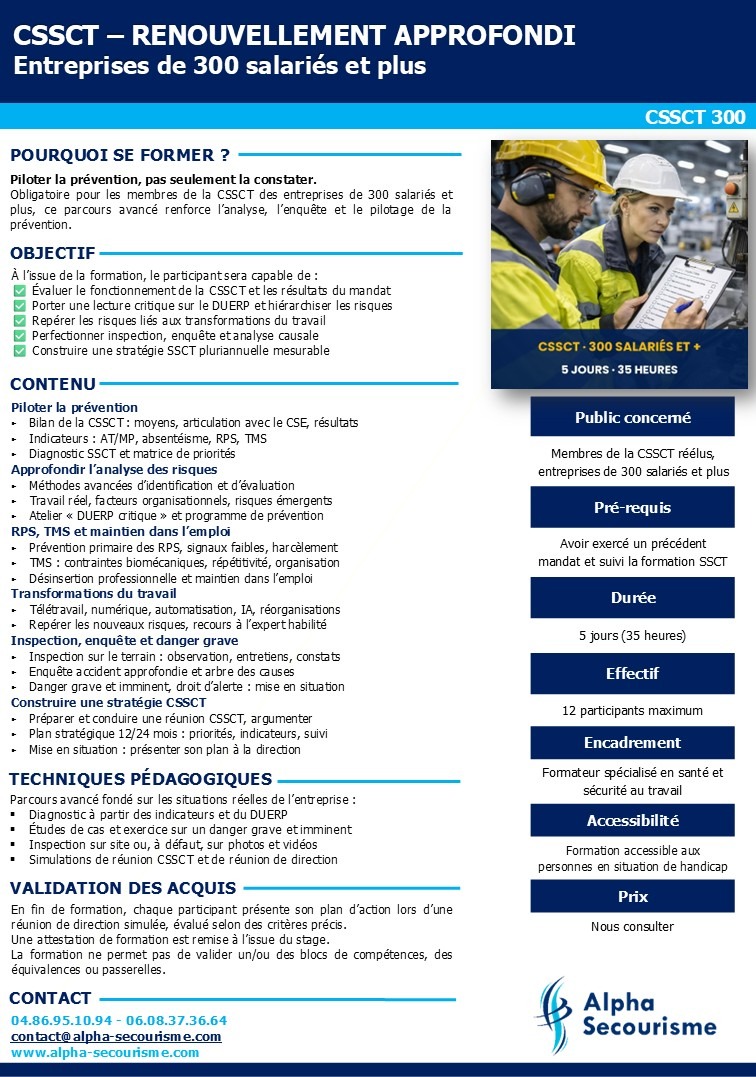 CSSCT 300 2027 Fiche formation CSSCT – Renouvellement approfondi (300 salariés et plus) - Alpha Secourisme